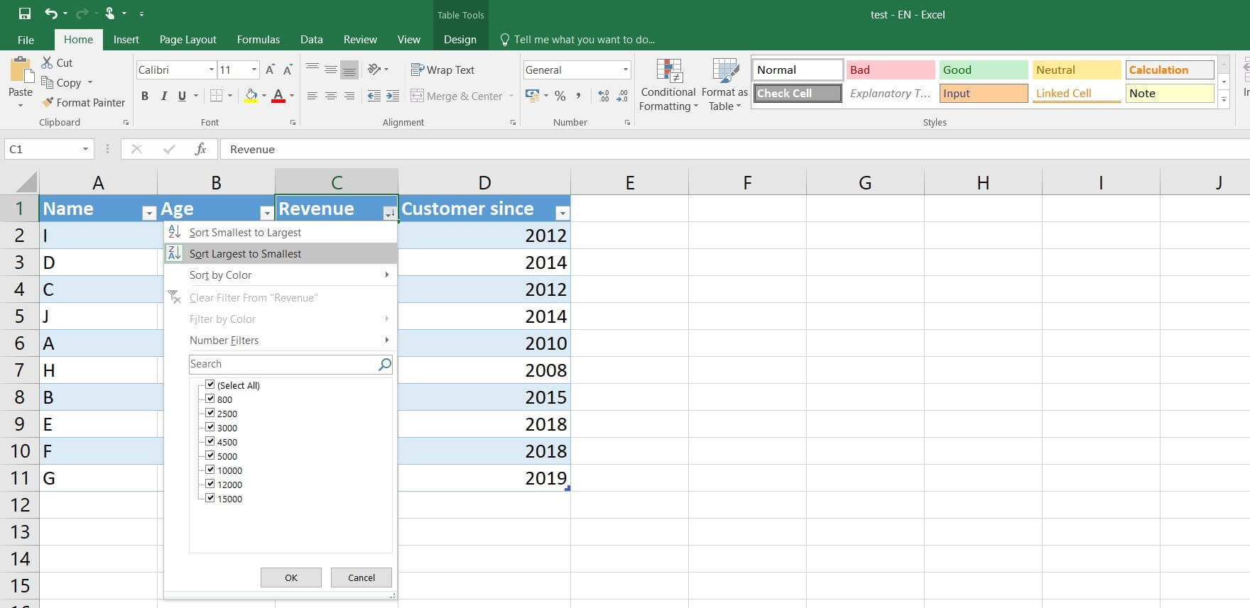 Fenêtre de sélection pour la fonction Trier et filtrer des tables Excel (Excel 2016)