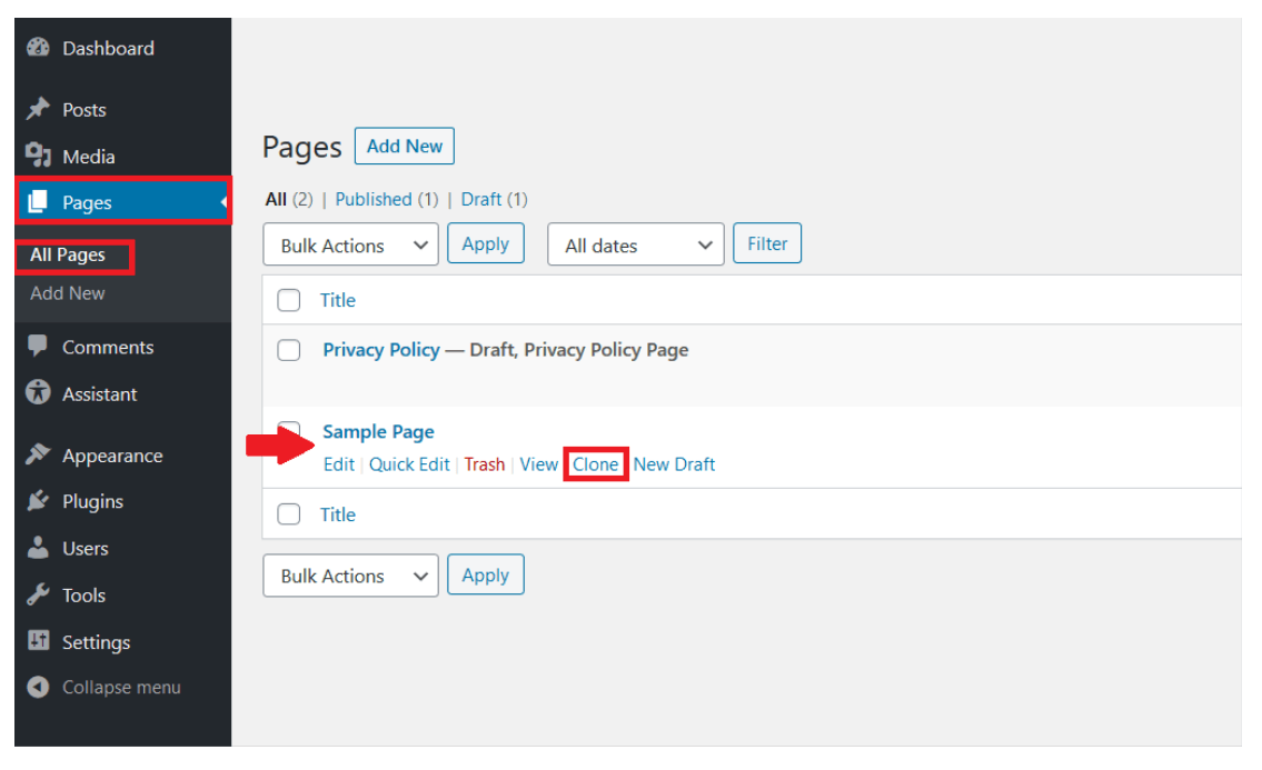 Back-office de WordPress : fenêtre « Pages > Toutes les pages » avec l’option pour dupliquer la page sélectionnée 