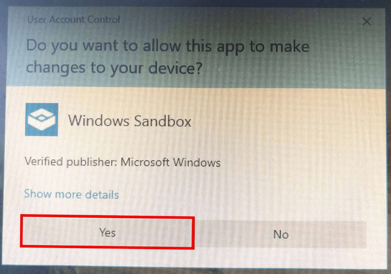Activer Windows Sandbox : message de sécurité