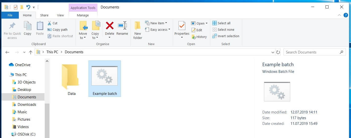 Exemple de fichier batch dans l’explorateur Windows