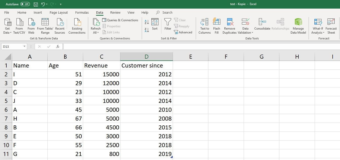 Excel 2016 : ensemble de données à titre d’exemple