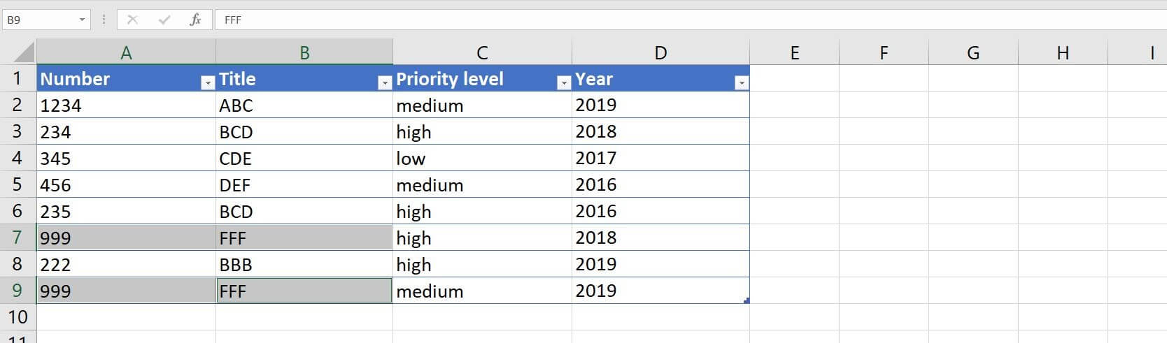 Excel 2016 : exemple d’entrées avec des doublons