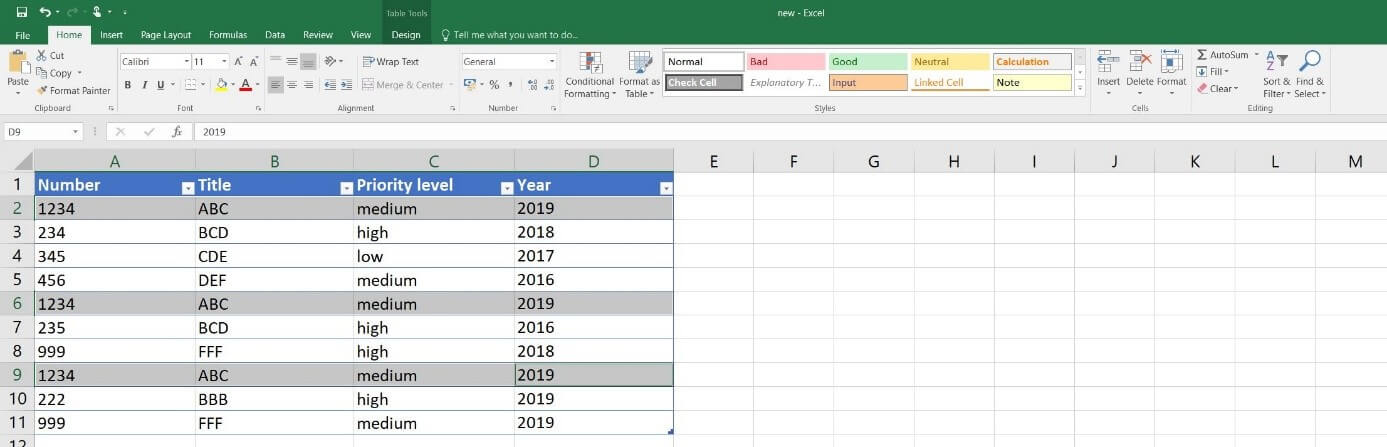 Excel 2016 : exemple de tableau avec des entrées identiques