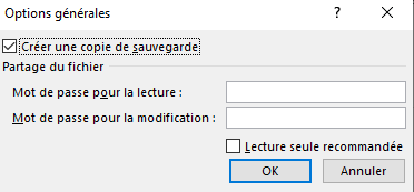 Excel : option « Créer une copie de sauvegarde »