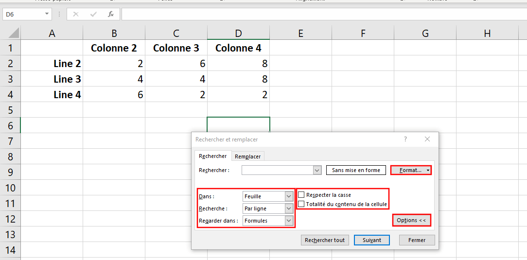 Excel : rechercher et remplacer et les options supplémentaires