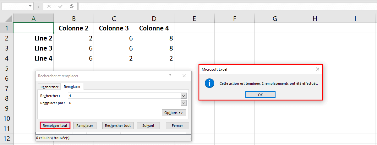 Excel : Rechercher et Remplacer. Message suite à une modification réussie