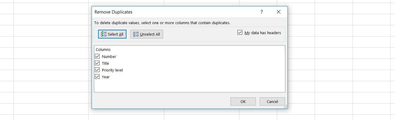 Excel : fenêtre de dialogue Supprimer les doublons ou dans la version anglaise Remove Duplicates