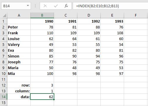 Tableau Excel avec une simple fonction INDEX