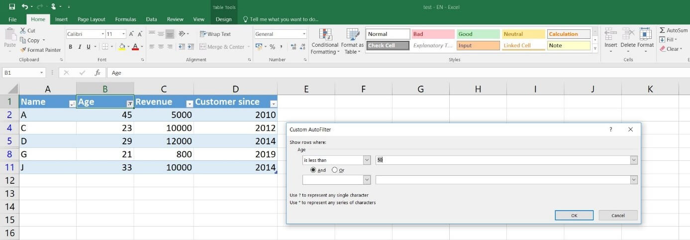 Table Excel avec filtrage personnalisé