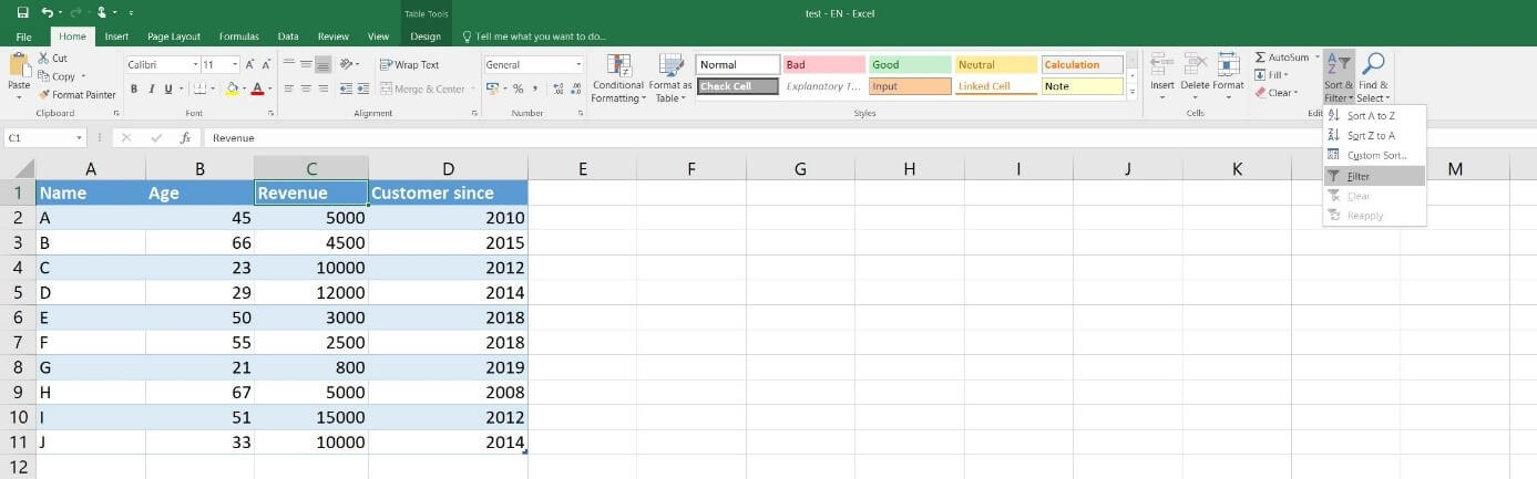 Table Excel sans fonction Filtrer/Trier