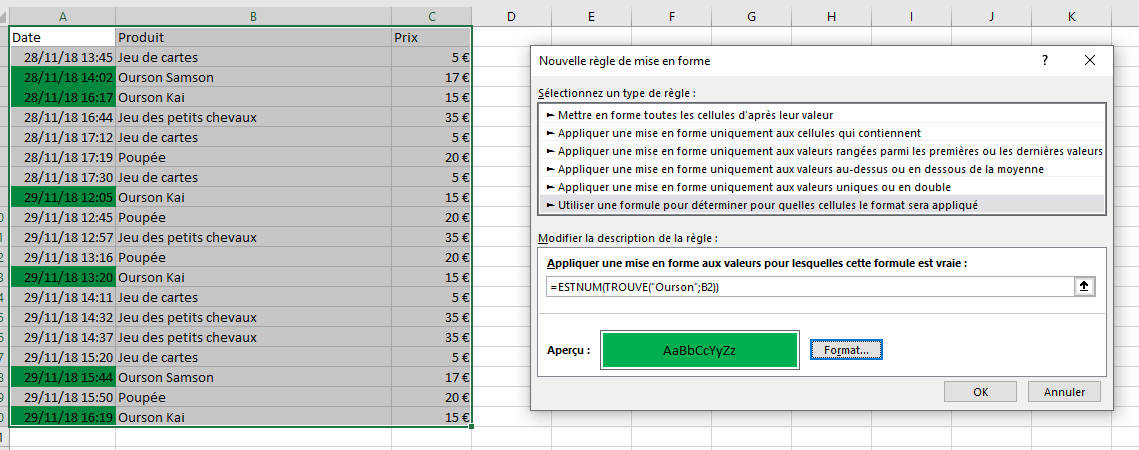 Formatage conditionnel sous Excel à l’aide de la fonction TROUVE 
