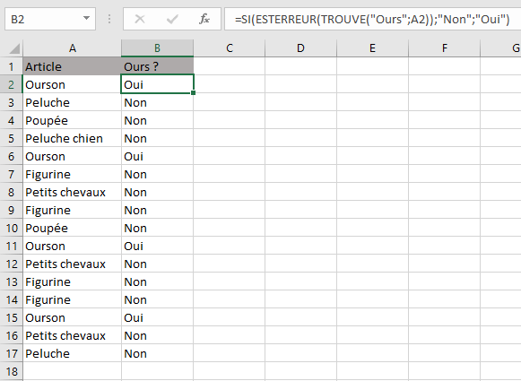 Tableau Excel avec fonctions TROUVE et S