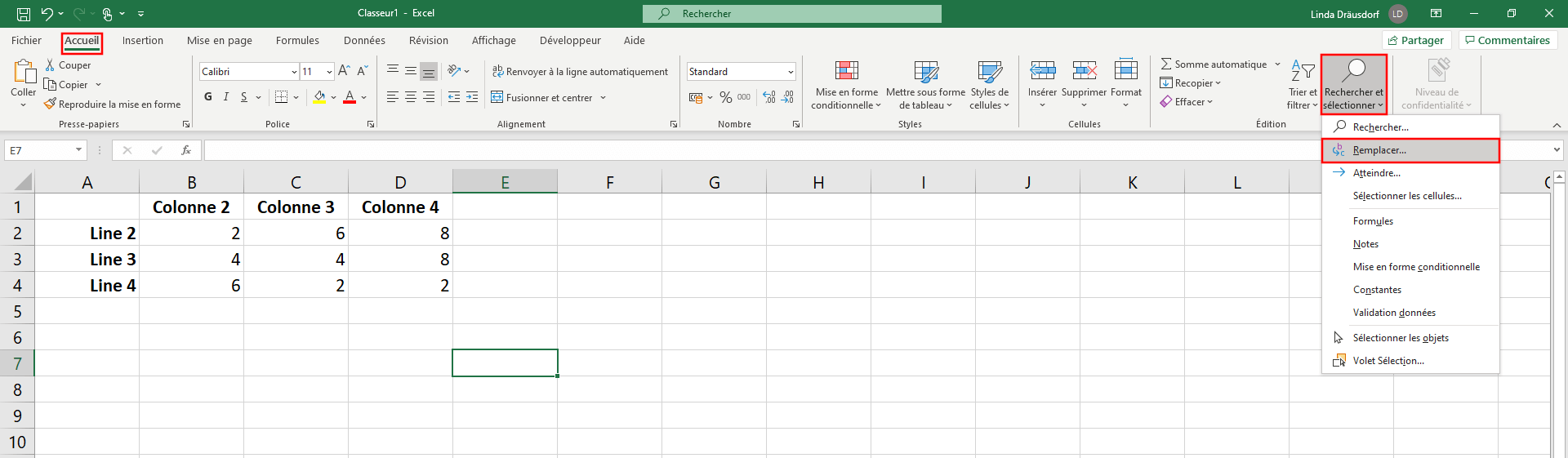 Fenêtre de dialogue dans Excel avec les fonctions « Rechercher » et « Remplacer 