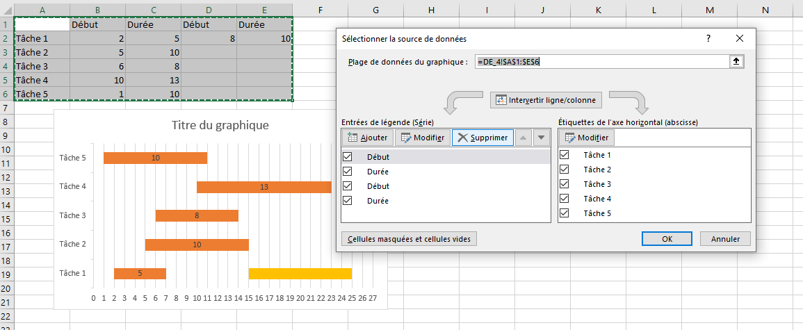 Fenêtre de menu Excel, permettant de modifier la plage de valeurs du graphique