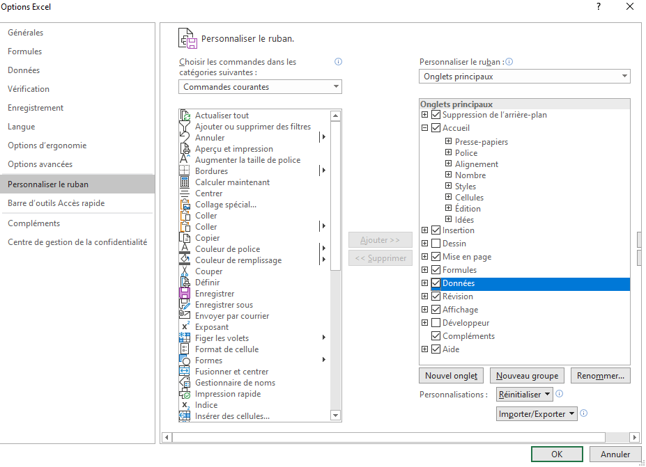 Fenêtre des options permettant d’activer les outils « Développeur » dans Excel