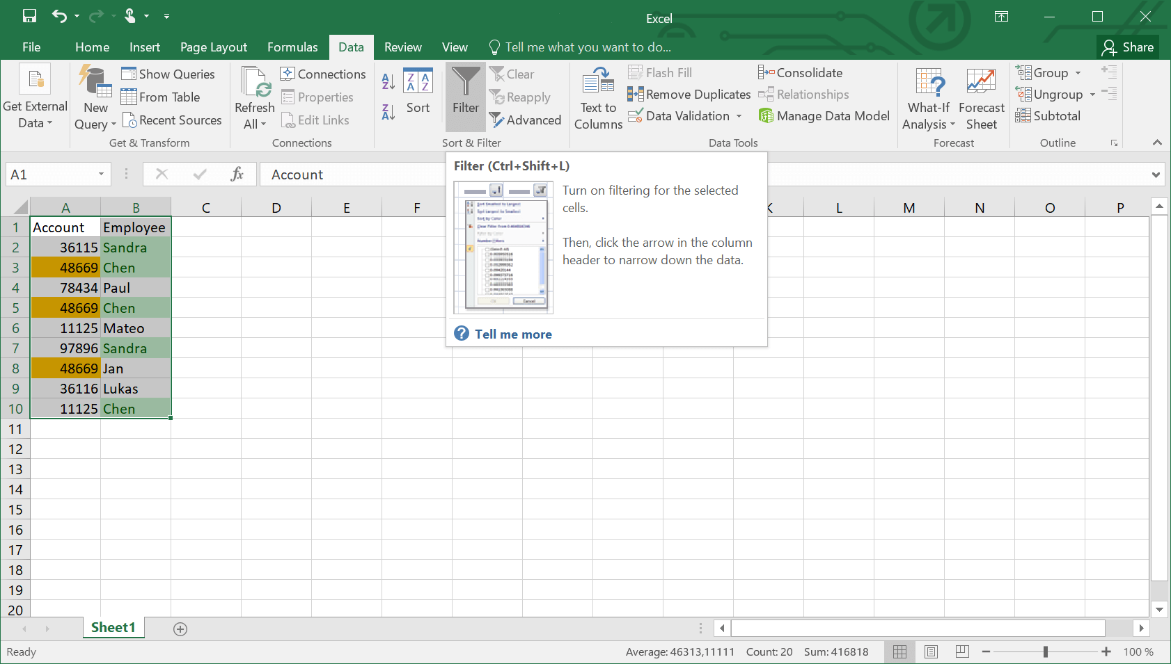 Fonction de filtre dans Excel