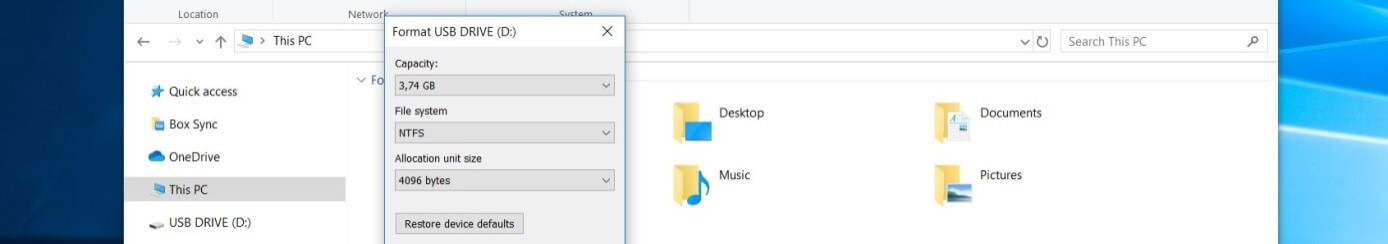 Windows 10 : boîte de dialogue « Formater une clé USB »