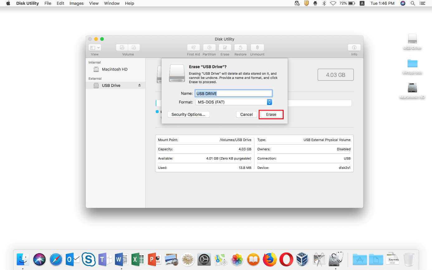 Formater une clé USB sur Mac : boîte de dialogue « Supprimer »