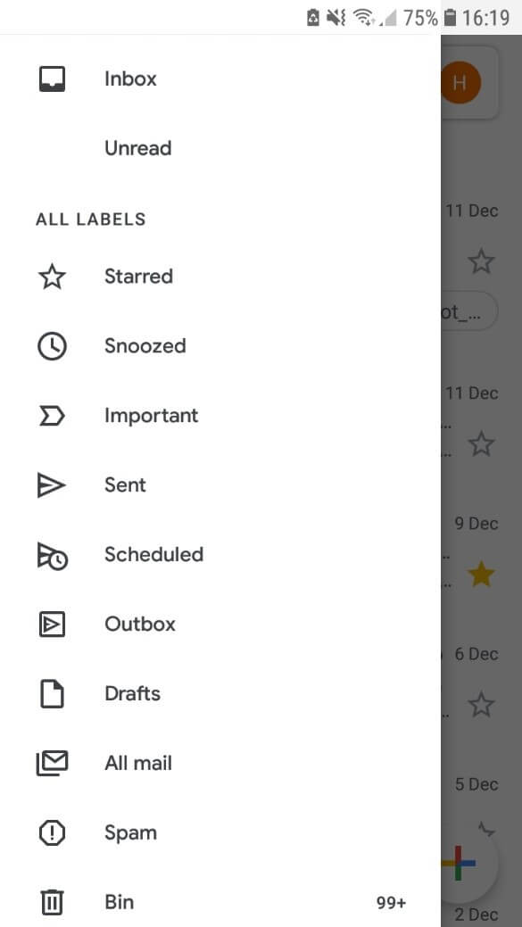 Interface utilisateur de Gmail avec affichage de l’arborescence de dossiers dans l’application Android