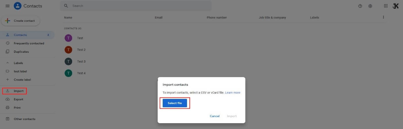 Google Contacts : « Importer »