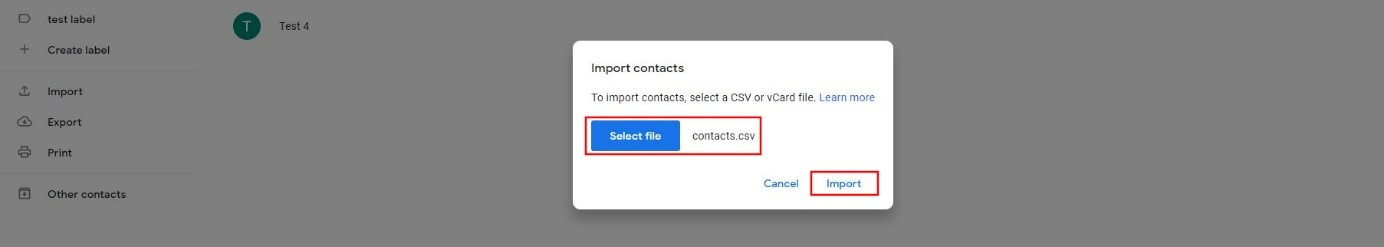Dialogue « Importer des contacts » dans Google Contacts