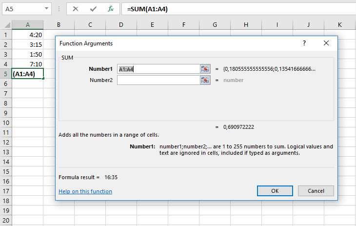 Fenêtre de saisie de la fonction SOMME pour l’ajout d’heures dans Excel