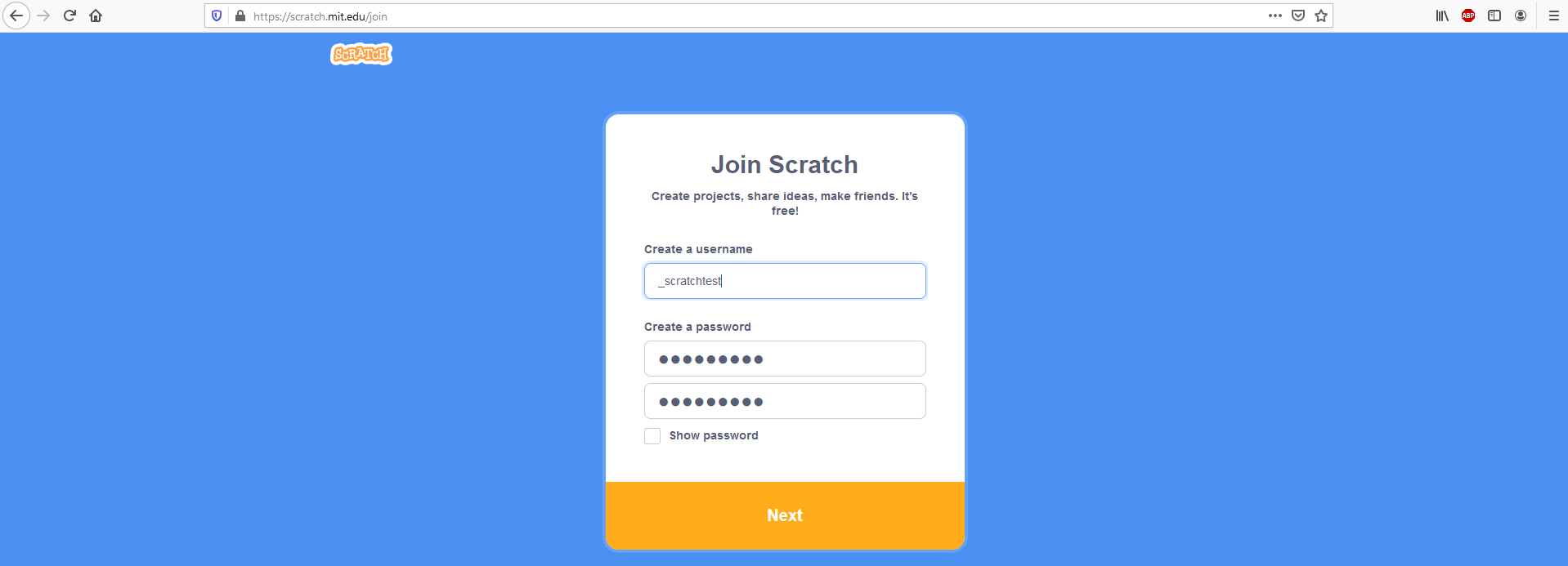 « Rejoindre Scratch »: fenêtre de dialogue pour créer un compte Scratch