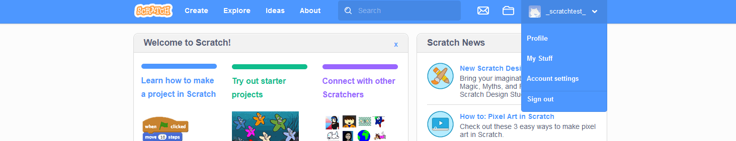 Apprendre le Scratch : menu rapide pour le profil, le compte et les projets