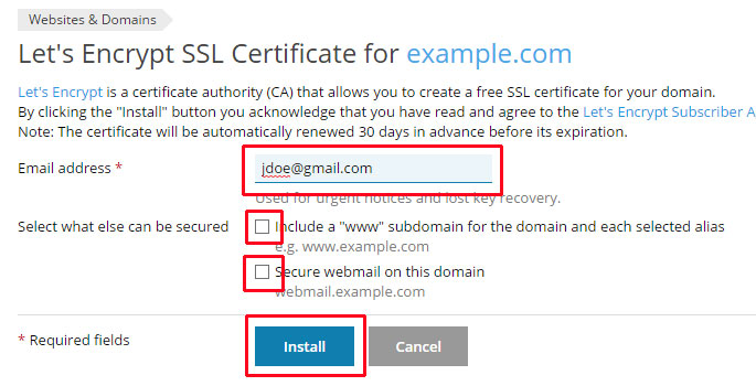 Interface utilisateur de Plesk : installation du certificat SSL