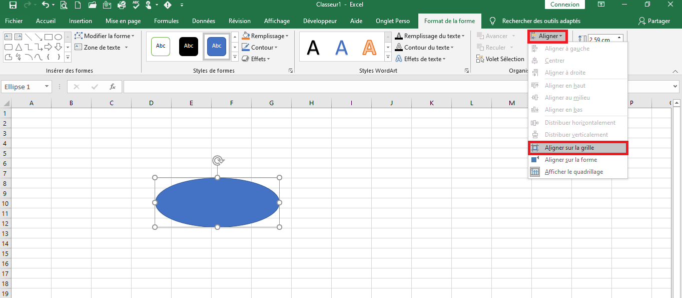 Menu de sélection de la fonction Orienter sur la grille d’Excel