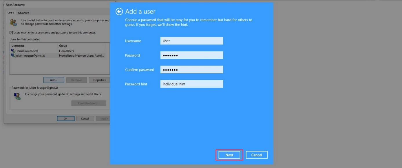 Menu dans Windows 10 pour ajouter un utilisateur