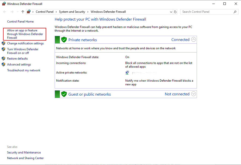 Option « Autoriser une application ou une fonctionnalité via le Pare-feu Windows Defender »