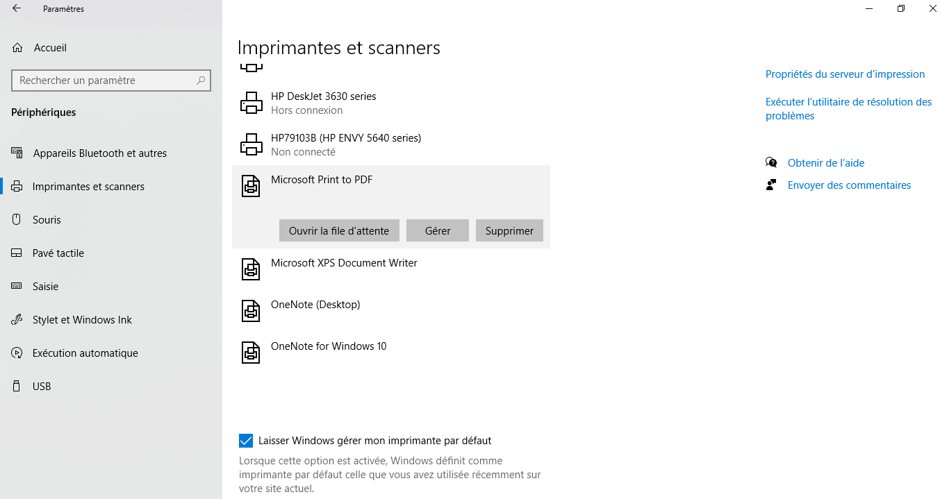 Menu permettant de gérer les imprimantes dans Windows 10