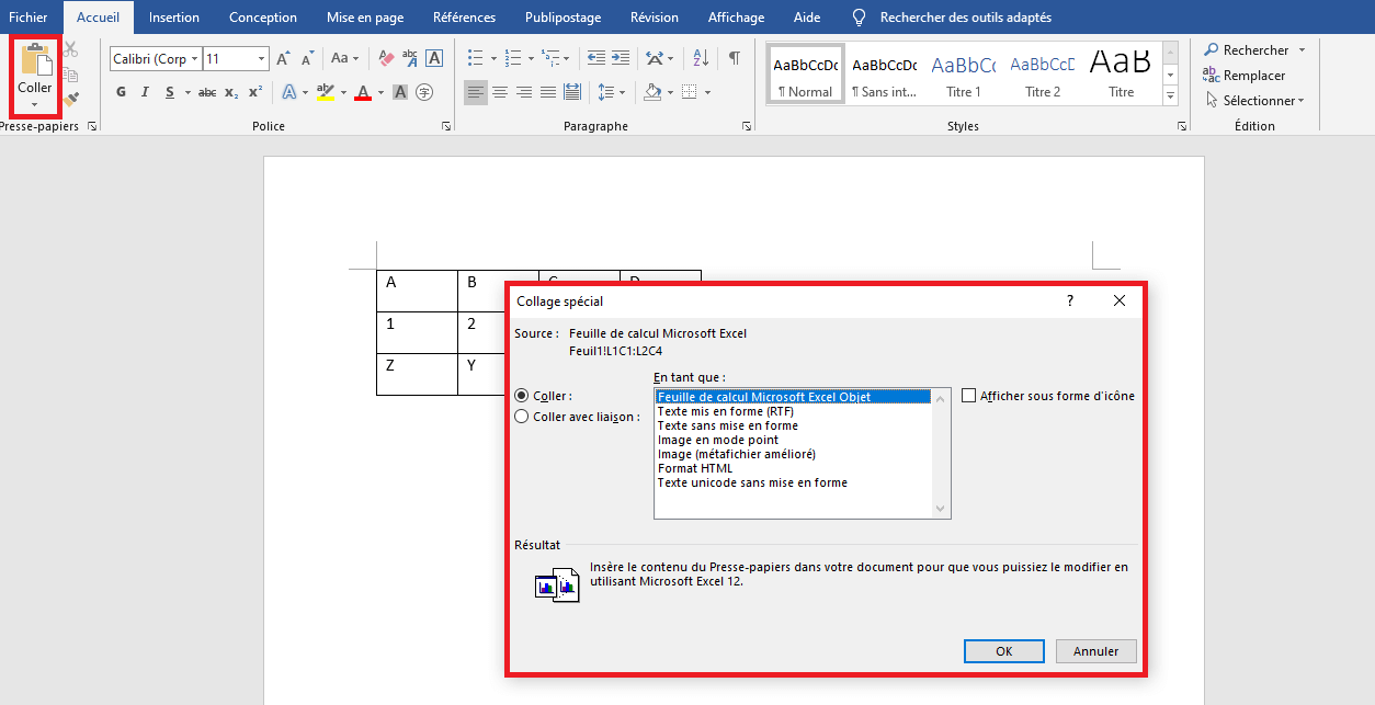 Menu pour lier Excel et Word