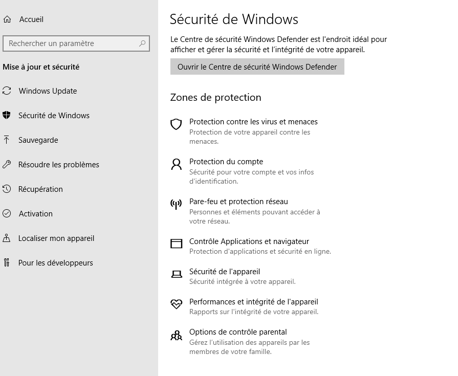 Menu relatif à la sécurité Windows