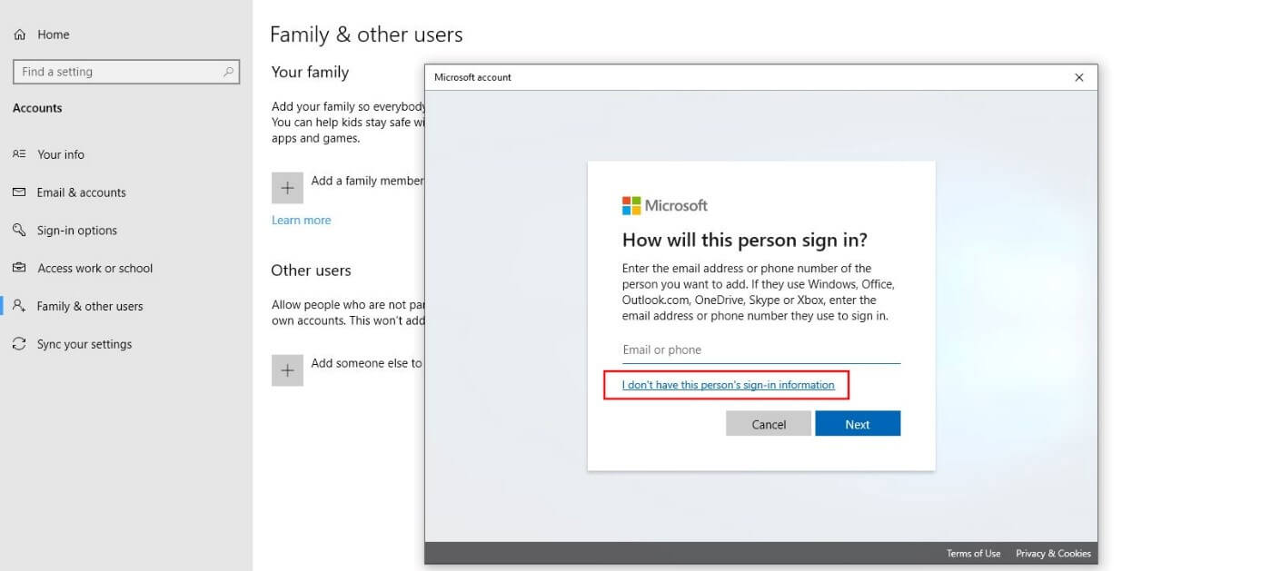 Dialogue Microsoft « Comment cette personne pourra-t-elle se connecter ? »