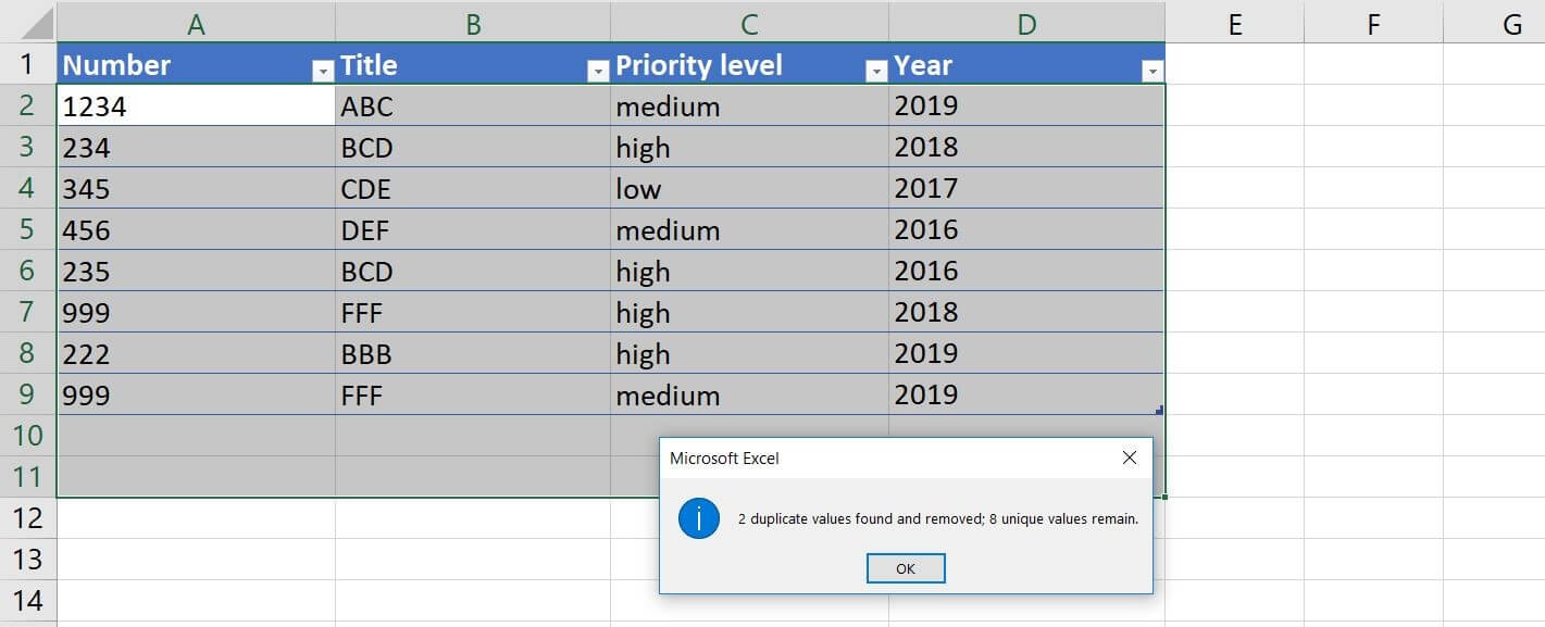 Microsoft Excel 2016 : message sur les doublons supprimés