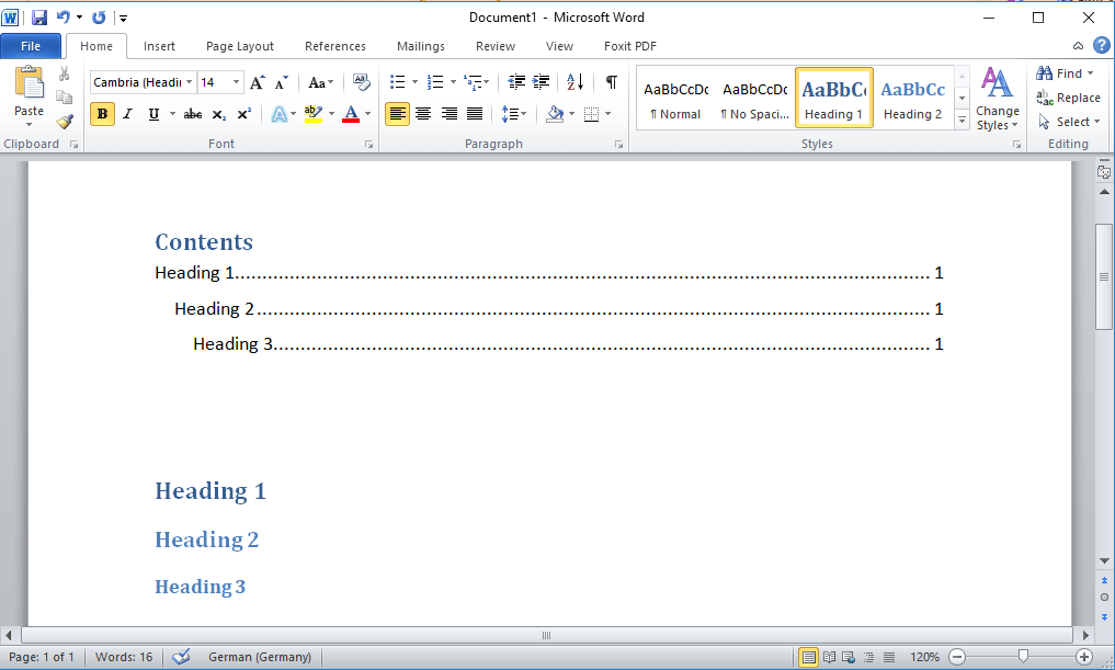 Microsoft Word 2016 : Table des matières au format « Table automatique 1 »
