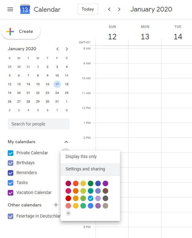 Sélectionnez « Mes calendriers » pour partager les calendriers de votre choix