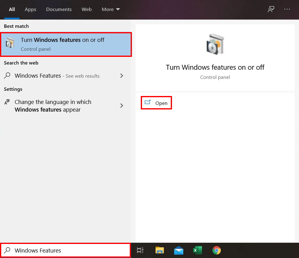 Ouvrir la boîte de dialogue des fonctionnalités Windows