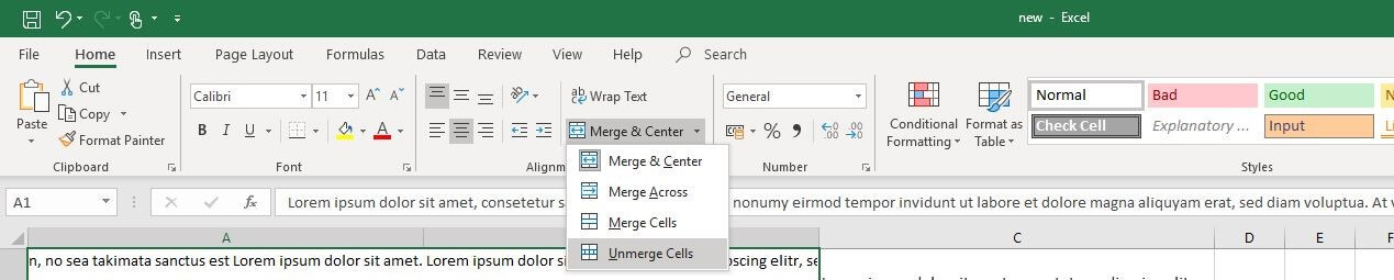 Options de sélection dans le menu Excel « Fusionner et centrer »