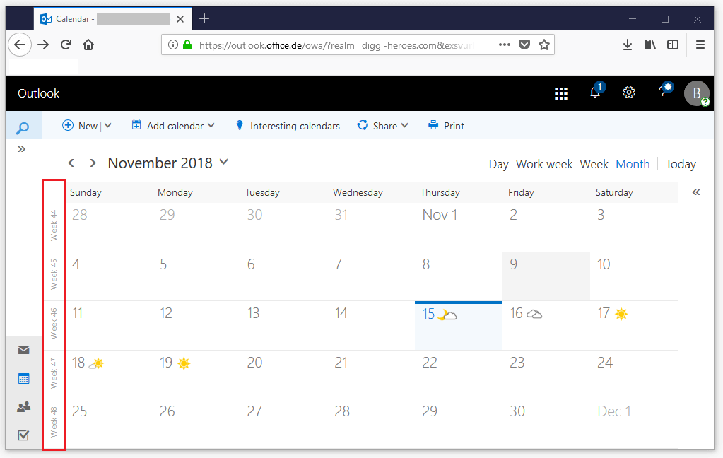 Outlook sur le Web : affichage du calendrier sans numérotation des semaines