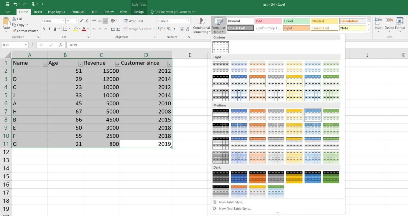Vue d’ensemble des modèles de tables Excel prédéfinis dans Excel 2016