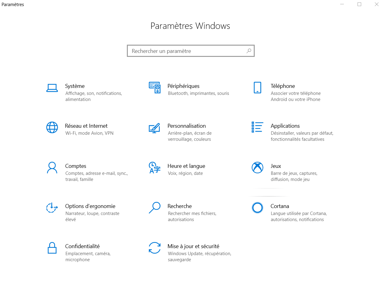Panneau de préférences dans Windows