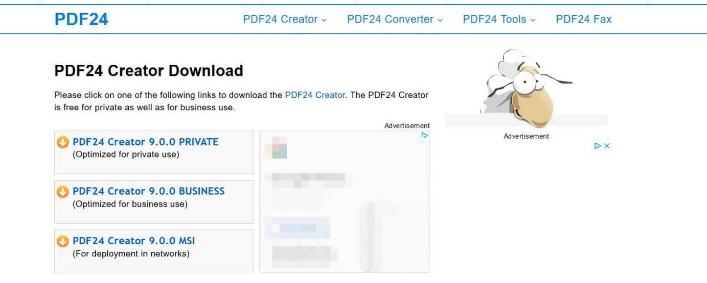 Page d’accueil de PDF24 Creator : espace de téléchargement