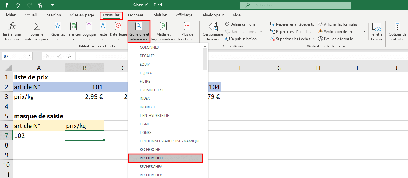 La fonction RECHERCHEH dans le générateur de formule Excel