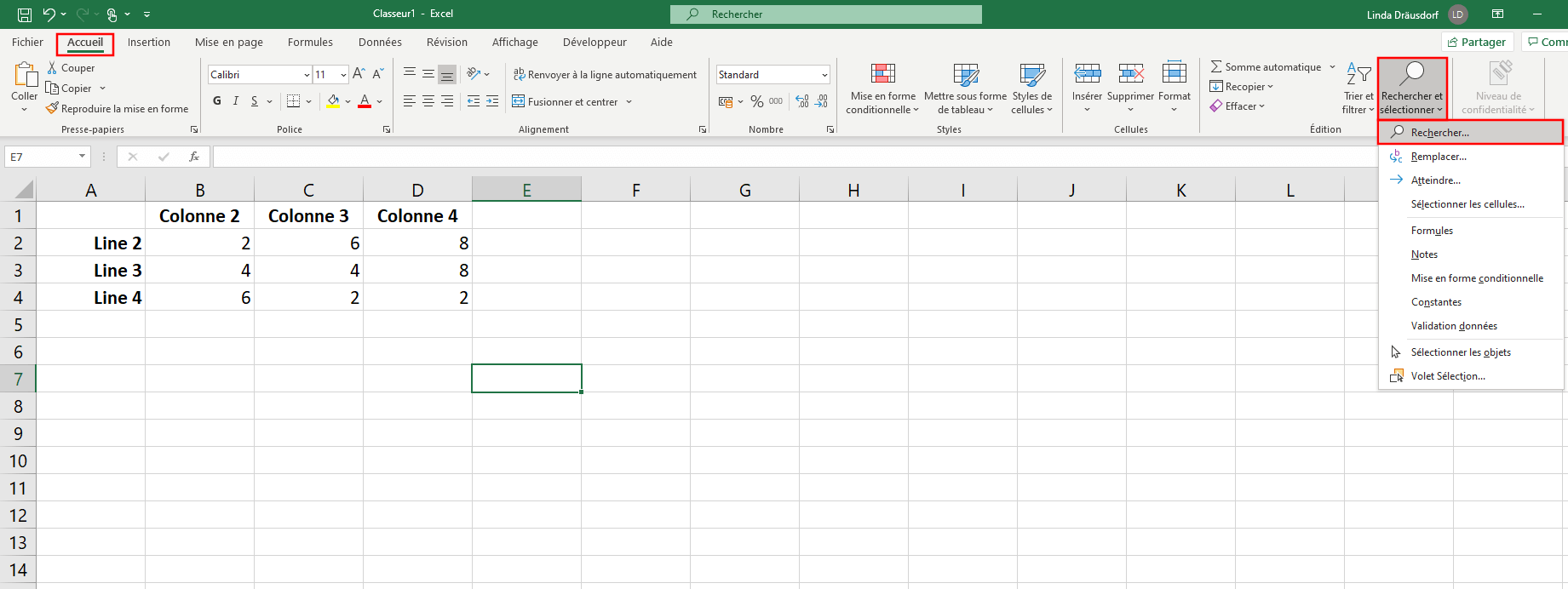 Rechercher et remplacer dans Excel, accès via le menu
