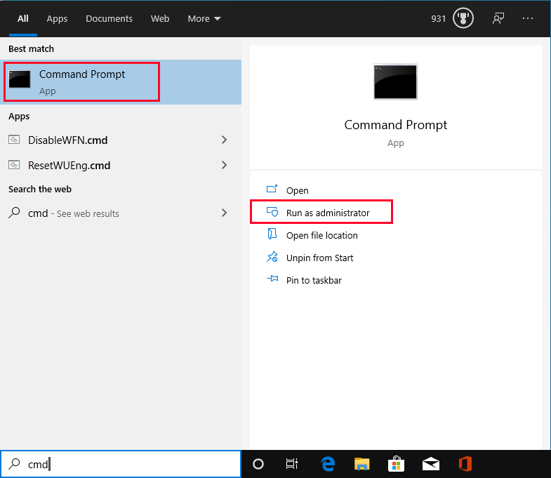 Démarrer l’invite de commandes via la zone de recherche de Windows 10