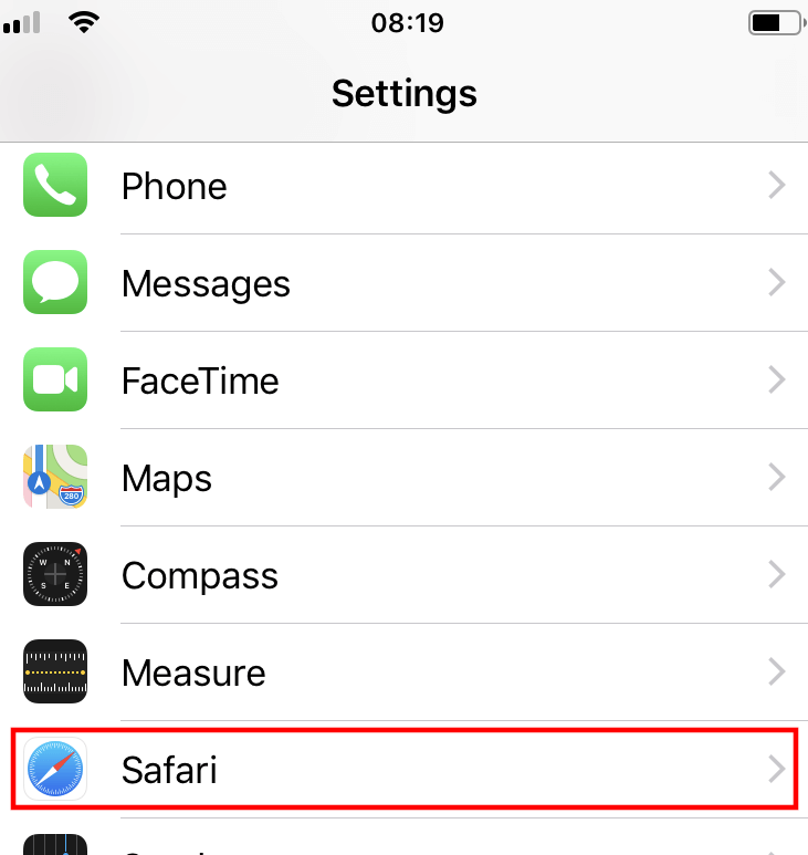 Entrée Safari du menu « Réglages » d’iOS