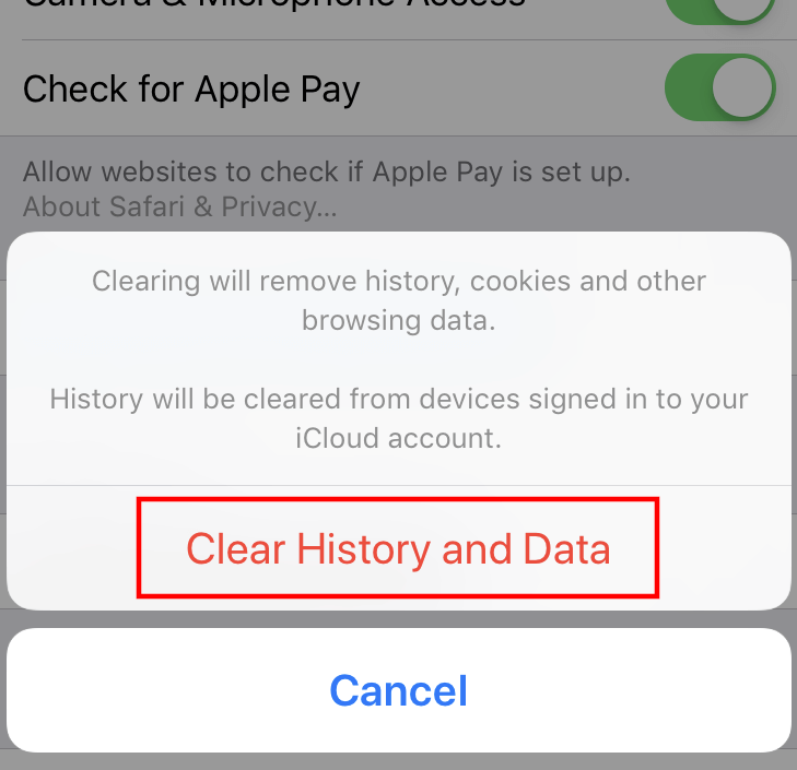 Safari (iOS) : boîte de dialogue « Effacer historique, données de site »